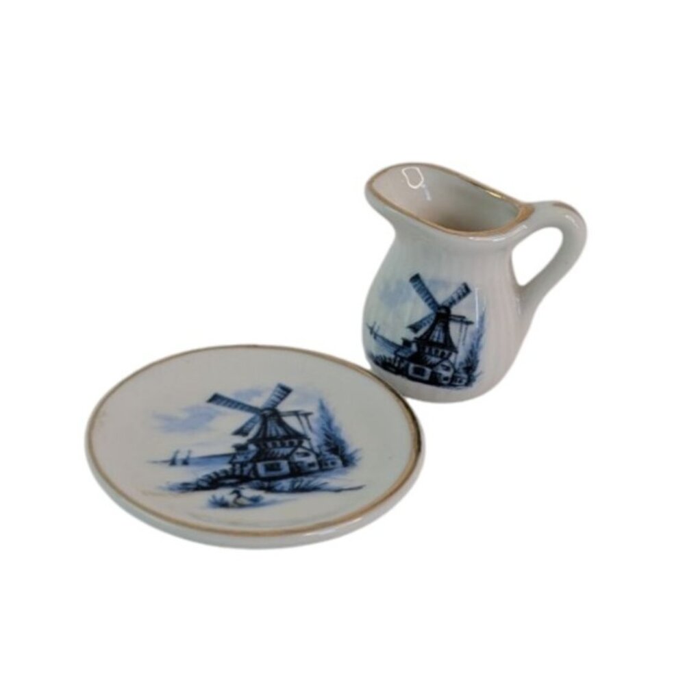 Vintage Miniature‎ Pitcher and Plate Set Blue Windmill Gold Edging Dollhouse